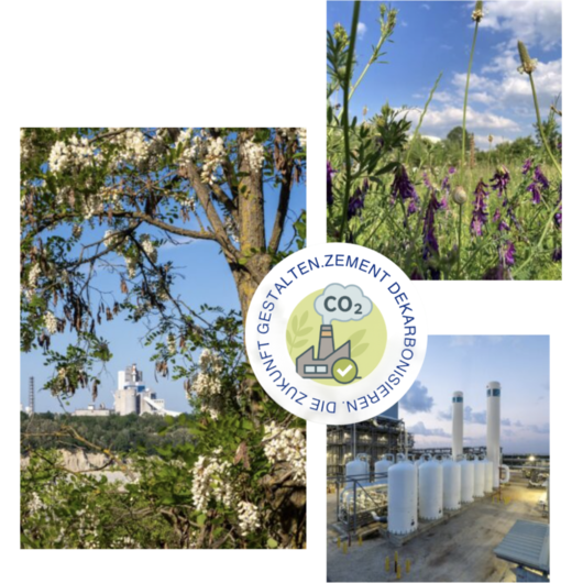 Drei Bilder zeigen die Verbindung von Natur und Industrie: blühende Bäume und Wiesen mit Blick auf das Zementwerk Rüdersdorf sowie moderne CO₂-Anlagen. Ein rundes Symbol in der Mitte trägt die Aufschrift „Zukunft gestalten. Zement dekarbonisieren.“