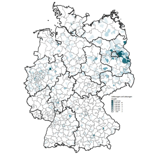 Deutschlandkarte mit unterschiedlich eingefärbten Regionen, die die Verteilung von Lieferungen und Leistungen nach Anzahl darstellen.