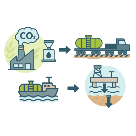 Grafik, die den Prozess der CO₂-Abscheidung, -Verflüssigung, -Transport und -Speicherung zeigt.