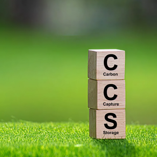 Holzblöcke mit den Buchstaben C, C und S für Carbon Capture and Storage auf grünem Rasen, Symbol für CO₂-Speicherung.